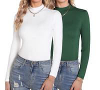Aottori Damen Rollkragenshirt Langarm Thermo Langarmshirt Set Baumwolle Elegant Basic Tops Stehkragen Unterziehshirt Slim Fit Rollkragenpullover Dünn Casual Weiß+Grün XS