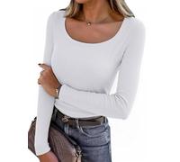 Aottori Damen Shirt Langarm Rundhals Langarmshirt Casual Basic Oberteile Stretch Pullover RIPP Elegant Einfarbig Weiß S