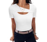 Aottori Damen T-Shirt Asymmetrischer Ausschnitt Stretch Tee Shirts Kurzarm Basic Oberteile Eng Rippshirt Sexy Casual Tops Einfarbig Weiß XS
