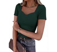 Aottori Damen T-Shirt Basic V-Ausschnitt Shirt Elegant Kurzarm Sommer Oberteile Stretch RIPP Tee Shirts Eng Einfarbig Tops Sexy Dunkelgrün XXL