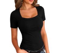 Aottori Damen T-Shirt Kurzarm Eckigem-Ausschnitt Oberteile Sommer Tshirt Elegant Basic Gerippt Rippshirt Slim Fit Stretch Einfarbig Tops Schwarz XXL