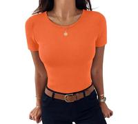 Aottori Damen T-Shirt Rundhals Stretch Tee Shirts Kurzarm Basic Oberteile Eng Rippshirt Sexy Casual Tops Einfarbig Orange XS