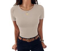Aottori Damen T-Shirt Rundhals Stretch Tee Shirts Kurzarm Basic Oberteile Eng Rippshirt Sexy Casual Tops Einfarbig Beige L