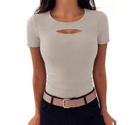 Aottori Damen T-Shirt Rundhals Stretch Tee Shirts Kurzarm Cut Out Basic Oberteile Eng Rippshirt Sexy Casual Tops Einfarbig Beige L