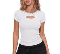 Aottori Damen T-Shirt Rundhals Stretch Tee Shirts Kurzarm Cut Out Basic Oberteile Eng Rippshirt Sexy Casual Tops Einfarbig Weiß S