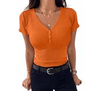 Aottori Damen T-Shirt V-Ausschnitt mit Knöpfen Oberteile Elegant Sommer Basic Tee Shirts Frauen Kurzarmshirt Casual Tops Orange XL