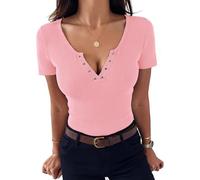 Aottori Damen T-Shirt V-Ausschnitt mit Knöpfen Stretch Tee Shirts Kurzarm Basic Oberteile Eng Rippshirt Sexy Casual Tops Einfarbig Rosa S