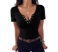 Aottori Damen T-Shirt V-Ausschnitt mit Knöpfen Stretch Tee Shirts Kurzarm Basic Oberteile Eng Rippshirt Sexy Casual Tops Einfarbig Schwarz XXL