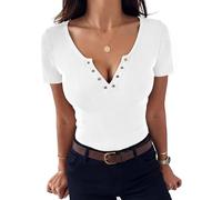 Aottori Damen T-Shirt V-Ausschnitt mit Knöpfen Stretch Tee Shirts Kurzarm Basic Oberteile Eng Rippshirt Sexy Casual Tops Einfarbig Weiß XXL
