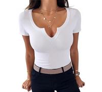 Aottori Damen T-Shirt V Ausschnitt Stretch Tee Shirts Kurzarm Basic Oberteile Eng Rippshirt Sexy Casual Tops Einfarbig Weiß L