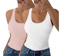 Aottori Damen Tank Top 2 Pack Sommer Sexy Oberteile Ärmellose Figurbetont Basic Shirt Gerippt Träger Blusentop Einfarbig Weiß+Rosa XS