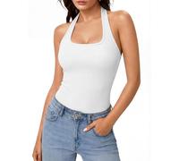 Aottori Damen Tank Top Sommer Neckholder Tops Eckigem Ausschnitt Ärmellose Rückenfrei Tanktop Crop Gerippt Knit Rückenfrei Unterhemden Rippshirt Weiß XS