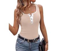 Aottori Damen Tank Tops Sommer Ärmellose mit Knopfleiste Quadratischer Ausschnitt Oberteil Basic Frauen RIPP Eng Tops Farbblock Cami Einfarbig Beige XXL