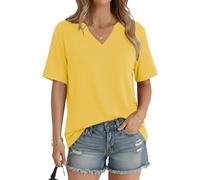 Aottori Damen Tshirt V Ausschnitt Kurzarm Tunika Damen Sommer Elegant Oversized Einfarbig Tshirt Gelb XL