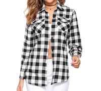 Aottori Kariertes Hemd Damen Hemdbluse Karohemd Bluse Baumwolle Langarm V-Ausschnitt Oktoberfest Holzfällerhemd Flanellhemd Oberteile Knopfleiste Schwarz-Weiss 2 M