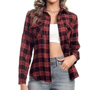 Aottori Kariertes Hemd Damen Hemdbluse Karohemd Bluse Baumwolle Langarm V-Ausschnitt Oktoberfest Holzfällerhemd Flanellhemd Oberteile Knopfleiste Schwarz-Rot L