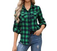 Aottori Kariertes Hemd Damen Hemdbluse Karohemd Bluse Baumwolle Langarm V-Ausschnitt Oktoberfest Holzfällerhemd Flanellhemd Oberteile Knopfleiste Grün L