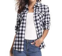 Aottori Kariertes Hemd Damen Hemdbluse Karohemd Bluse Baumwolle Langarm V-Ausschnitt Oktoberfest Holzfällerhemd Flanellhemd Oberteile Knopfleiste Schwarz-Weiss 1 S