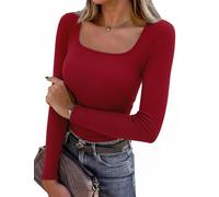 Aottori Langarmshirt Damen Basic Tops Slim Fit Sexy Oberteile mit Eckigem Ausschnitt Casual Rippshirt Dünn Longsleeve Rot XL