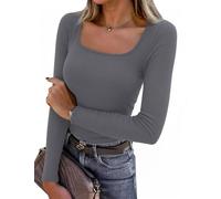 Aottori Langarmshirt Damen Baumwolle Basic Tops Slim Fit Sexy Oberteile Eckigem Ausschnitt Rippshirt Langarm Casual Dunkelgrau XS
