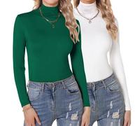 Aottori Langarmshirt Damen Baumwolle Rollkragenshirt Elegant Dünn Unterziehrolli Slim Fit Unterhemd Langarm Stretch Thermo Shirt Rollkragen Basic Tops 2er-Pack Weiß+Grün L