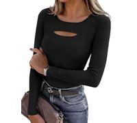 Aottori Langarmshirt Damen Gerippt Rundhalsausschnitt Oberteil Figurbetontes Elegant Rippshirt Dünn Eng Casual Tops für Alltag Herbst Schwarz XXL