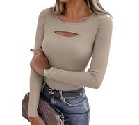 Aottori Langarmshirt Damen Gerippt Rundhalsausschnitt Oberteil Figurbetontes Elegant Rippshirt Dünn Eng Casual Tops für Alltag Herbst Beige XXL