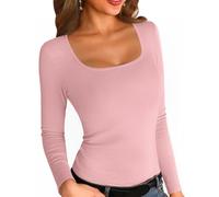 Aottori Langarmshirt Damen mit Eckigem Ausschnitt Pullover Stretch Langarm Oberteile Sexy Rippshirt Baumwolle Casual Basic Tops Rosa XS