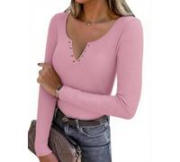 Aottori Langarmshirt Damen mit V-Ausschnitt und Knopfleiste Oberteil Figurbetontes Elegant Rippshirt Dünn Casual Tops für Alltag Frühling Herbst Rosa XS