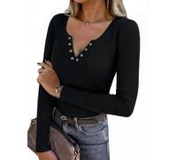 Aottori Langarmshirt Damen mit V-Ausschnitt und Knopfleiste Oberteil Figurbetontes Elegant Rippshirt Dünn Casual Tops für Alltag Frühling Herbst Schwarz XS