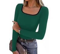 Aottori Langarmshirt Damen Quadrat Ausschnitt mit Farbkontrast Oberteil Figurbetontes Elegant Rippshirt Dünn Casual Tops für Alltag Frühling Herbst Grün S
