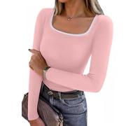 Aottori Langarmshirt Damen Quadrat Ausschnitt mit Farbkontrast Oberteil Figurbetontes Elegant Rippshirt Dünn Casual Tops für Alltag Frühling Herbst Rosa M