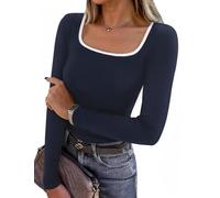 Aottori Langarmshirt Damen Quadrat Ausschnitt mit Farbkontrast Oberteil Figurbetontes Elegant Rippshirt Dünn Casual Tops für Alltag Frühling Herbst Dunkelblau S