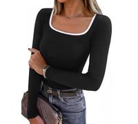 Aottori Langarmshirt Damen Quadrat Ausschnitt mit Farbkontrast Oberteil Figurbetontes Elegant Rippshirt Dünn Casual Tops für Alltag Frühling Herbst Schwarz XS