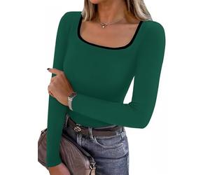 Aottori Langarmshirt Damen Quadrat Ausschnitt mit Farbkontrast Oberteil Figurbetontes Elegant Rippshirt Dünn Casual Tops für Alltag Frühling Herbst Grün S