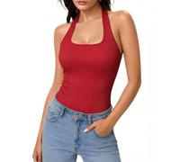 Aottori Neckholder Top Damen Sommer Ärmelloses Halter Neckline Tank Tops Crop Rückenfreies Gerippt Slim Fit Tanktop Sexy Oberteile Stretch Rot L