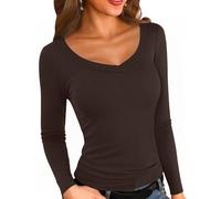 Aottori Oberteile Damen RIPP Winter Pullover Langarm V Ausschnitt Langarmshirt Warme Fleece Thermounterwäsche Slim Fit Unterhemd Basic Thermoshirt Braun L
