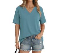 Aottori Shirt Damen Kurzarm Tshirt Damen Sommer V-Ausschnitt Einfarbig Casual Basic Top Bluse Blaugrün L