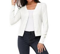 Aottori Strickjacke Damen Leichte Cardigan Langarm Kurz Bolero Sommer V-Ausschnitt Strickmantel Elegant mit Knöpfen Casual Einfarbig Weiß M