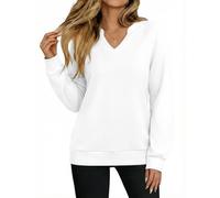 Aottori Sweatshirt Damen Langarmshirt Baumwoll V-Ausschnitt Pullover Elegant Langarm Oversize Oberteile Basic Herbst Winter Festlicher T-Shirt Einfarbig Weiß M