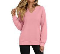 Aottori Sweatshirt Damen Langarmshirt Baumwoll V-Ausschnitt Pullover Elegant Langarm Oversize Oberteile Basic Herbst Winter Festlicher T-Shirt Einfarbig Rosa M
