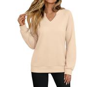 Aottori Sweatshirt Damen Langarmshirt Baumwoll V-Ausschnitt Pullover Elegant Langarm Oversize Oberteile Basic Herbst Winter Festlicher T-Shirt Einfarbig Beige M