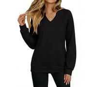 Aottori Sweatshirt Damen Langarmshirt Baumwoll V-Ausschnitt Pullover Elegant Langarm Oversize Oberteile Basic Herbst Winter Festlicher T-Shirt Einfarbig Schwarz M