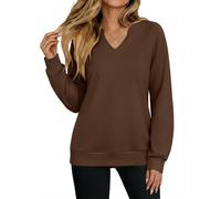 Aottori Sweatshirt Damen Langarmshirt Baumwoll V-Ausschnitt Pullover Elegant Langarm Oversize Oberteile Basic Herbst Winter Festlicher T-Shirt Einfarbig Braun M