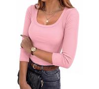 Aottori T-Shirt Damen 3/4 Arm Eckiger Ausschnitt Oberteile Elegant Gerippt Basic Tee Shirts Slim Fit Rippshirt Stretch Casual Tops Sexy Einfarbig Rosa XL