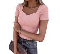 Aottori T-Shirt Damen Basic V-Ausschnitt Shirt Elegant Kurzarm Sommer Oberteile Stretch RIPP Tee Shirts Eng Einfarbig Tops Sexy Rosa M