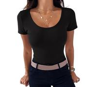 Aottori T-Shirt Damen Kurzärmeliges Rippshirt mit Rundhals Sommer Basic Oberteile Frauen Eng Kurzarmshirt Tops Schwarz XL