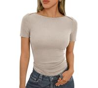 Aottori T-Shirt Damen Oberteile Sommer Basic U-Boot-Ausschnitt Shirt Elegant Kurzarm Tshirt Stretch RIPP Tee Shirts Eng Einfarbig Tops Sexy Aprikose XXL