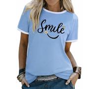 Aottori T-Shirt Damen Rundhals Kurzarm Locker Sommer Smile Print Blau L