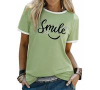 Aottori T-Shirt Damen Rundhals Kurzarm Locker Sommer Smile Print Grün L